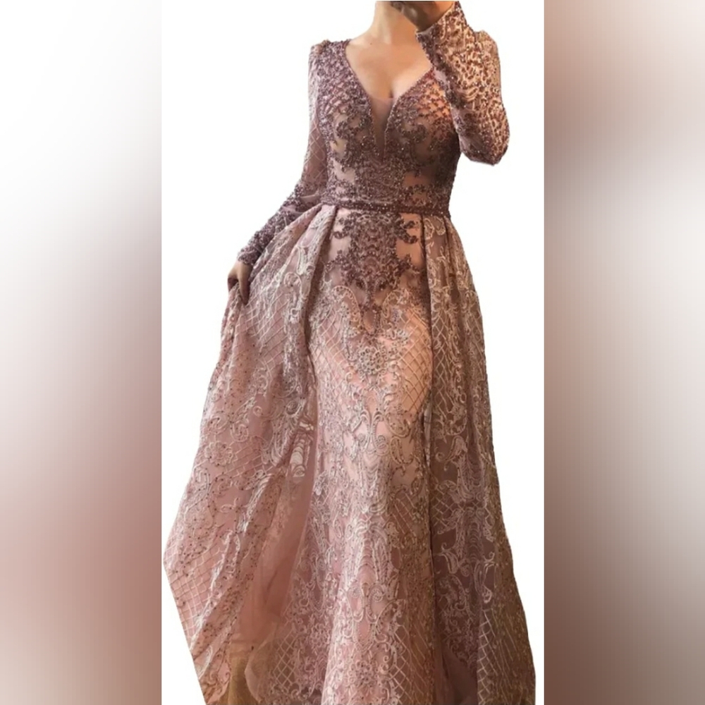 Pink silver beaded jeweled sleeve overskirt dress